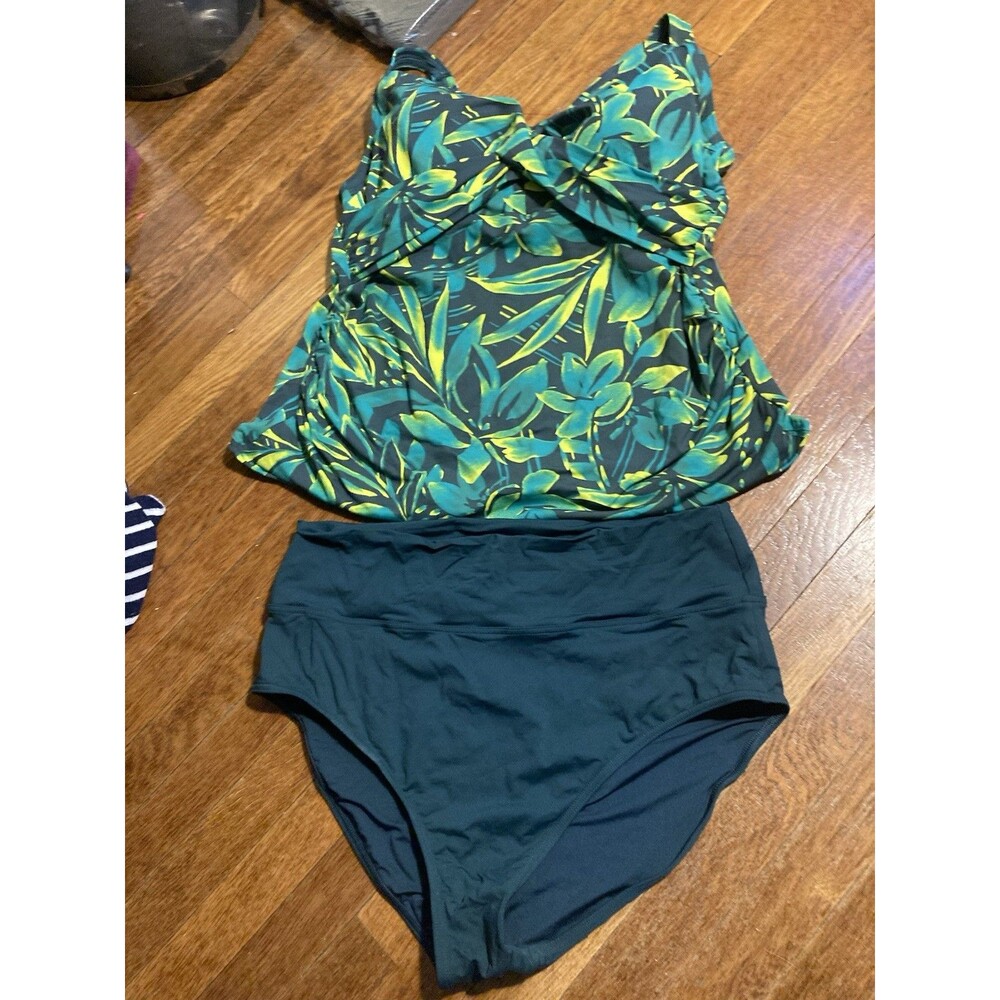 Lands' End Swimsuit Womens 16  Tropical Green Tankini Swim Set Top & Bottoms